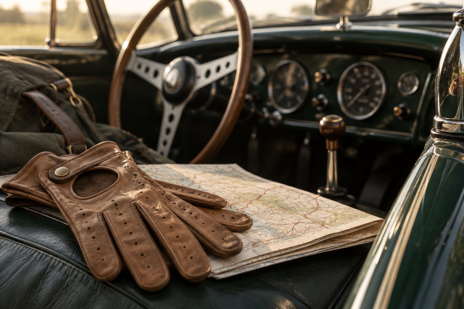 Lederhandschuhe und eine Straßenkarte in einer klassischen Garage